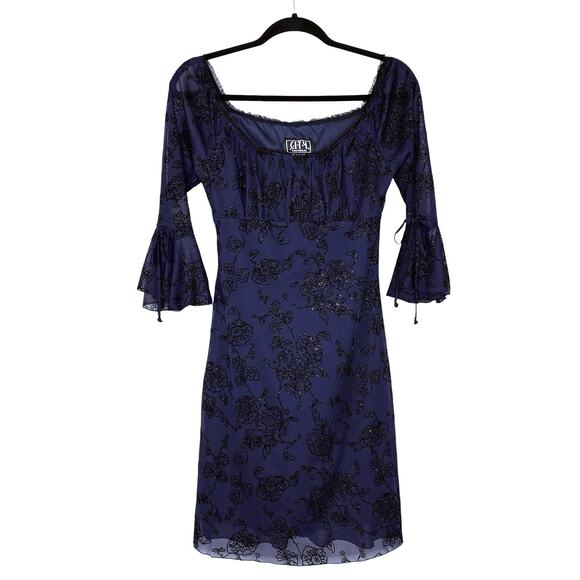 Vtg City Triangles Babydoll Dress Milkmaid Whimsigoth Romantic Navy Black Sz M - Picture 1 of 8